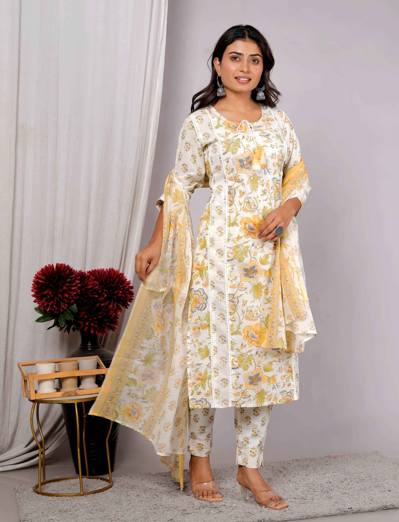 Floral Bloom Double Shade Cotton Suit Set with  Lace Detailing